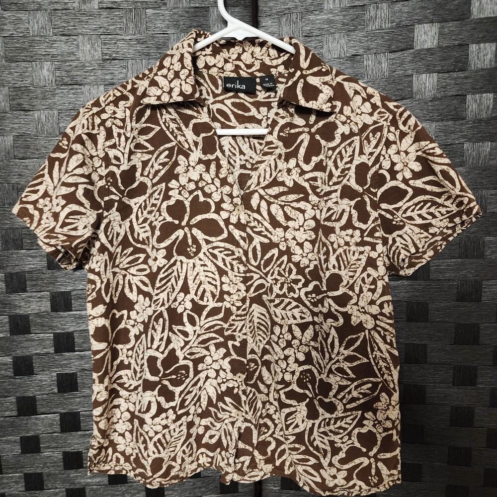 Erika Women's Short Sleeve Medium Brown Floral Button Down Blouse